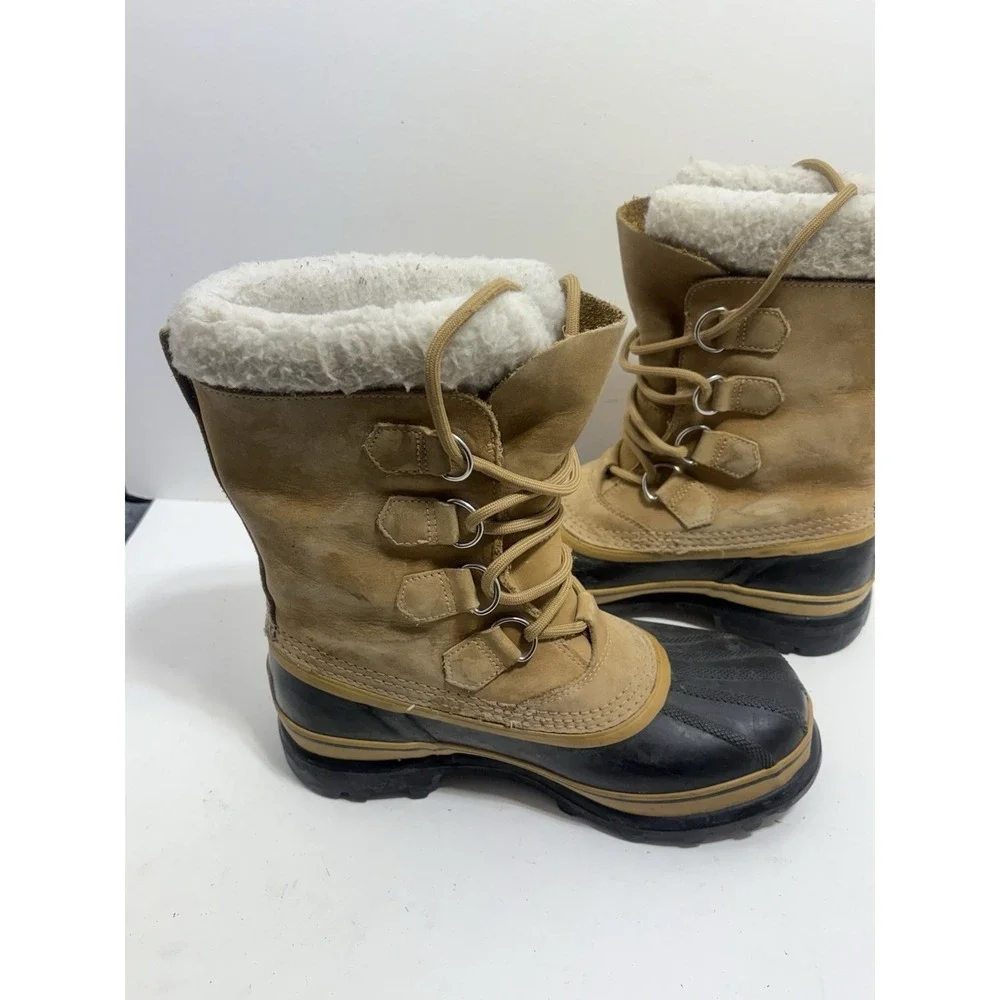 Sorel Caribou Women's Beige Leather, Waterproof Classic Lace Up Boots 8.5 Sherpa